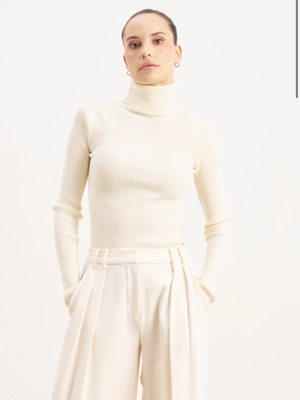 Slim Ribbed Cream Turtleneck Sweater - Women